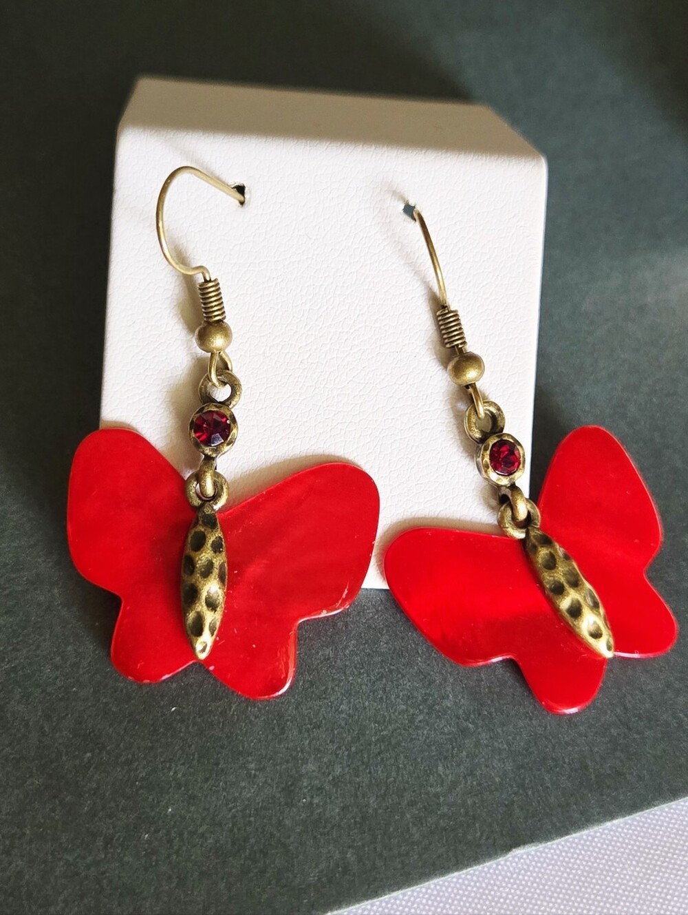 Vintage Red Butterfly Dangle Earrings with Brass Tone Accents